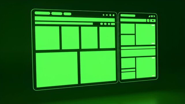 Two glowing green digital interfaces displaying segmented content grids