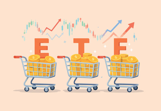 ETF, Exchange Traded Funds realtime mutual funds that tracking investment index trading in stock market concept, shopping carts or trolley full Dollar money coins with alphabet combine the word ETF.