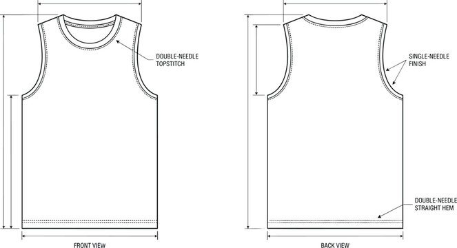 Technical fashion illustration of sleeveless tank top showing front and back views with measurement guides double needle topstitch and hem finishing details