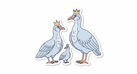 Three royal geese family illustration wearing crowns, standing together on white background