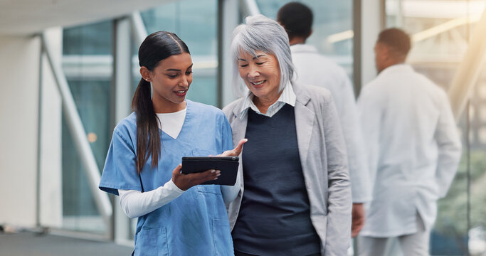 Tablet, medical and nurse with senior patient in hospital for good news on diagnosis. Happy, discussion and healthcare worker with elderly female person with technology for treatment plan in clinic.