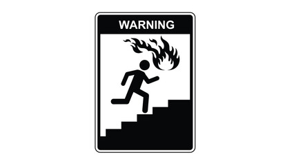 Fototapeta premium Black and white warning sign showing a person running down the stairs with fire to illustrate emergency exit and safety.