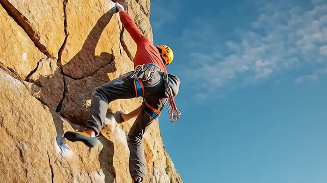Man Rock Climbing on a Cliff Face Against a Vibrant Sunset Sky, Extreme Adventure Sport and Alpinism Strength Video Footage