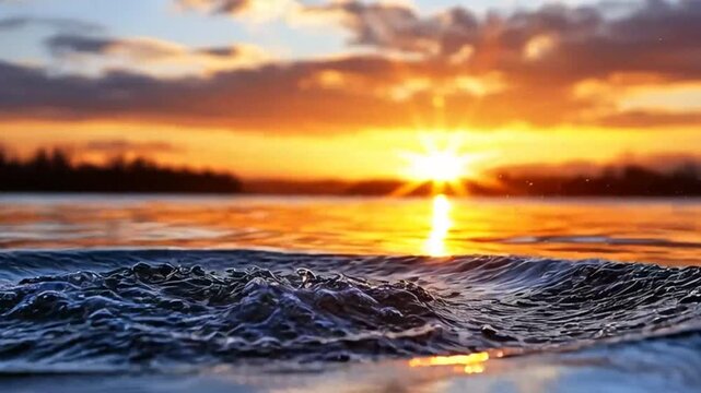 Dramatic Ocean Wave Cresting at Sunset with Splashing Water Droplets, Vibrant Orange Sky and Powerful Sea Surf Video Footage