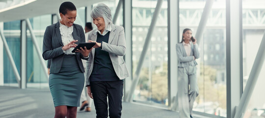Office, hallway and women with tablet, scroll and criminal attorney with info for case and...