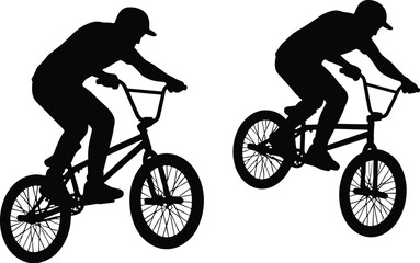 Obraz premium BMX Bike Rider Silhouette Set, Extreme Sports Athlete Performing Stunts and Jumps, Bicycle Motocross Action Vector Illustration for Youth Lifestyle Graphic Design