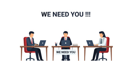 Recruitment concept with three people working at desks and we need you text message representing hiring and jobs.