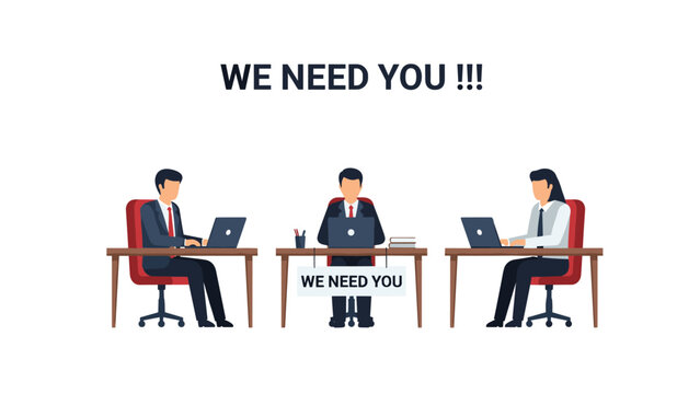 Recruitment concept with three people working at desks and we need you text message representing hiring and jobs.
