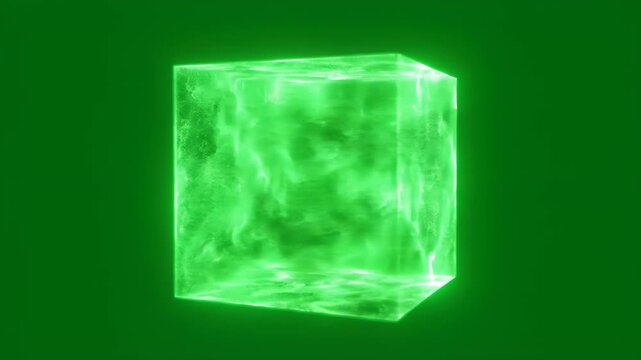 Glowing green crystal cube with ethereal mist and energy flares
