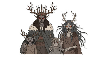 Fantasy Forest Creatures Family Portrait Illustration for Halloween and Mystical Themes