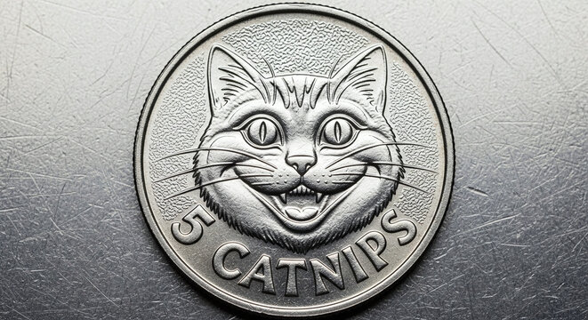 A close-up, top-down view of a round, silver-colored coin featuring a grinning cat face and the text '5 CATNIPS' on a scratched metal surface.