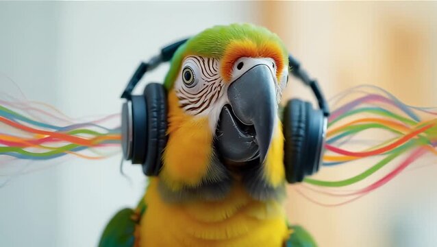 Colorful Parrot Listening to Music with Headphones