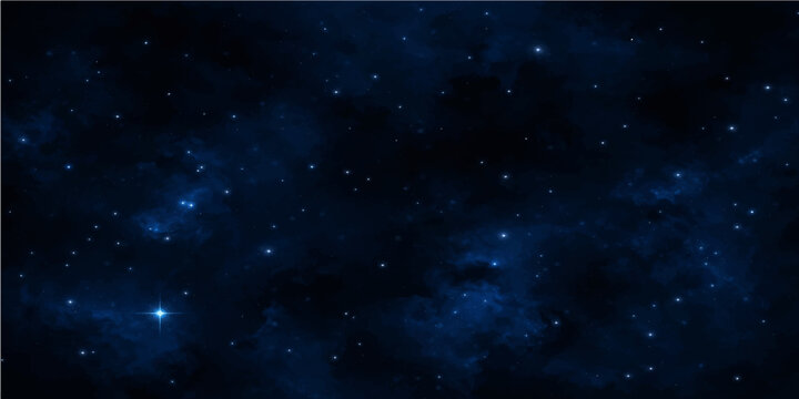 A deep blue space background loop features a dark cosmic nebula and a bright starry galaxy across an abstract universe starfield
