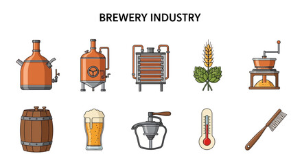 A collection of ten flatdesign icons illustrating equipment and ingredients related to the brewing industry © Kenywanch