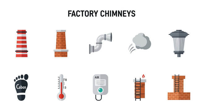 Collection of flat design icons related to factory chimneys and air pollution concepts