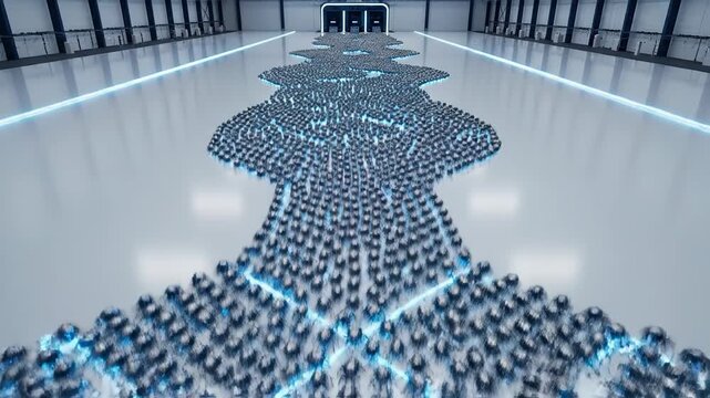 Rows of metallic spheres form a path with glowing blue accents in a large industrial hall