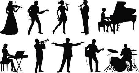 Silhouette illustration of diverse musicians performing with violin, guitar, singers, piano, keyboard, trumpet, conductor, and drummer for music, concert, education, and artistic design © Sharon 