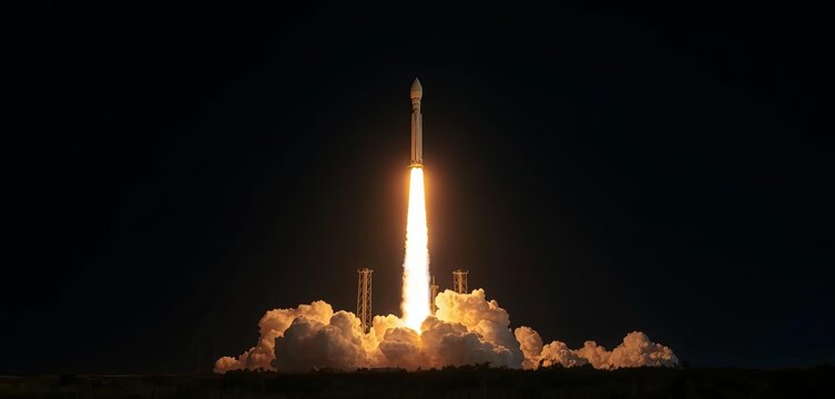 AI-powered rocket launch, fiery ascent against dark sky,  satellite,  spacecraft
