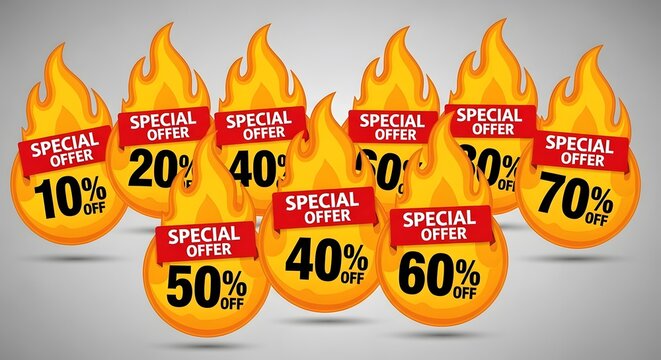 Special offer fire labels with 10%, 20%, 40%, 50%, 60%, 70% off
