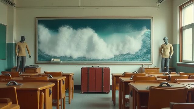 Classroom with Surreal Wave Mural and Mannequins