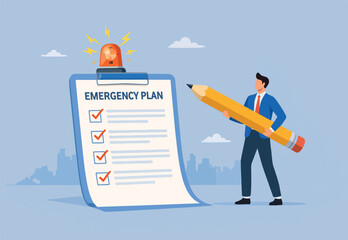  Business emergency plan, checklist to do when disaster happen to continue business and build resilience concept, smart businessman leader holding pencil with paper emergency plan flashing siren © JWEL