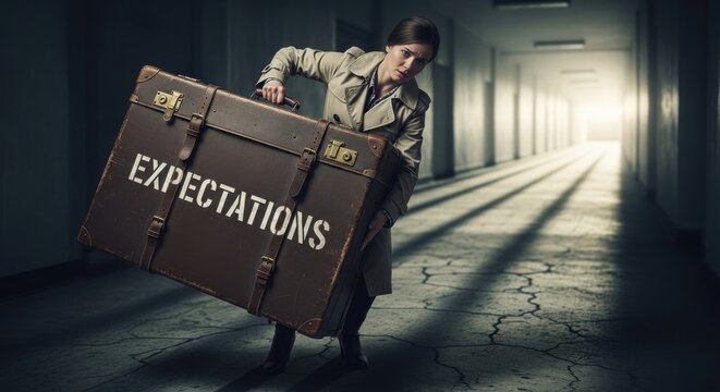 Woman carrying heavy expectations suitcase struggling down a dark hallway