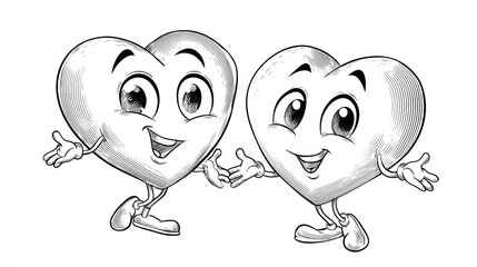 Obraz premium Black and white cartoon image of two animated hearts with faces and limbs