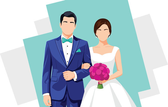 Elegant bride and groom holding hands in modern flat vector style