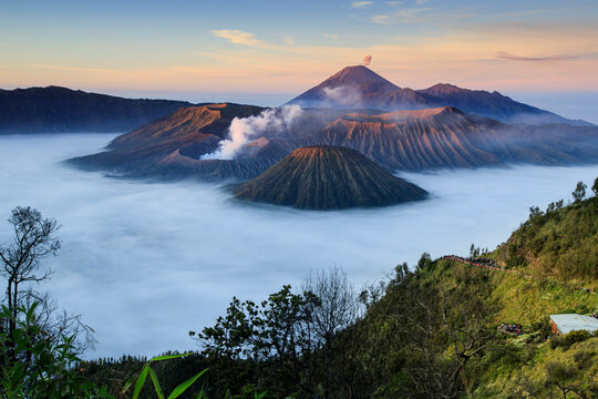 The beautiful sunrise shrouded in mist at Bromo Mountain
