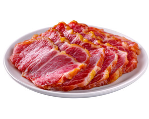 Obraz premium Slices of appetizing meat Savor the visual delight of meticulously sliced meat, expertly presented on a pristine plate, showcasing the textures and tantalizing the taste buds.