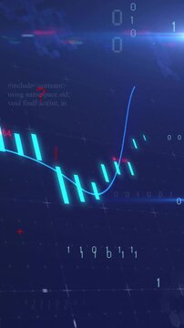 Vertical video: Cyan candles and blue trend line hitting trough, rebounding, showing recovery