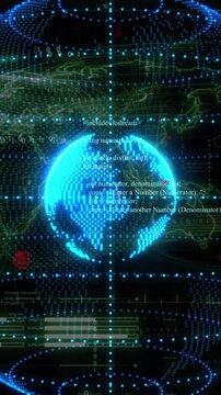 Vertical video: Code scrolling, point-cloud globe rotating, pulsing with HUD bars and C++ data feed