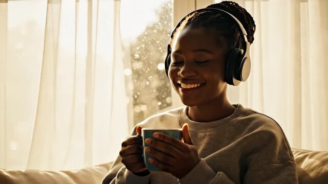Serene Moment: A person finds solace and joy in a moment of tranquility, listening to music and enjoying a warm drink while basking in the gentle light filtering through a window.