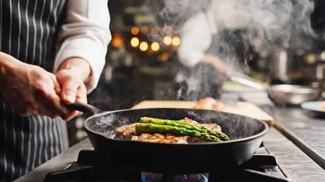 Culinary Master at Work: A seasoned chef expertly wields a sizzling skillet, carefully searing a succulent steak with tender asparagus, enveloped in a fragrant cloud of steam.