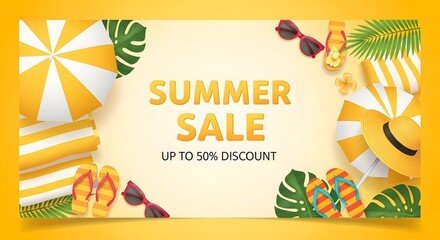 Summer sale banner with beach accessories and tropical leaves
