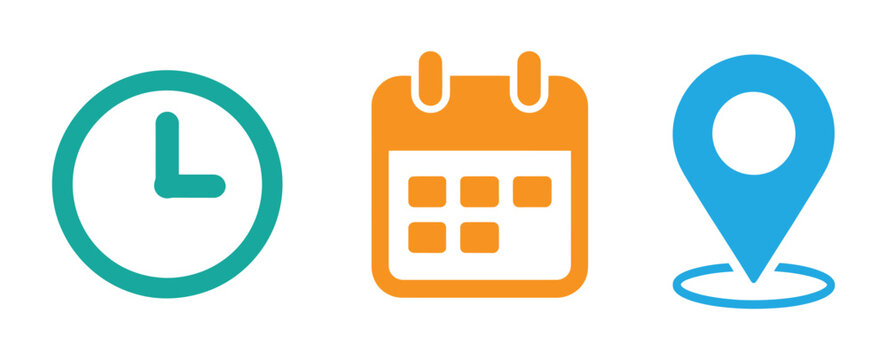 Calendar clock and location pin icons representing time date and place. date time location notification icon set. Address, time, calendar bell notification icons collection. 