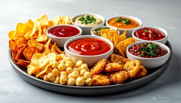 Assorted Snacks and Dipping Sauces on Tray.