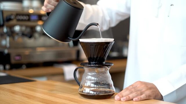 coffee making : arab male performing pour over using gooseneck kettle and v60 dripper