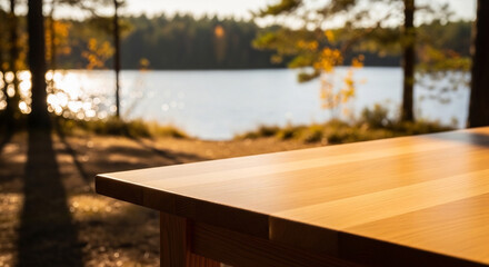 Fototapeta premium Wooden Table Quietly Faces Lake View and Autumn Nature