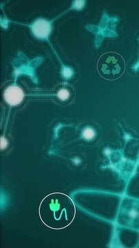 Vertical video: Plug icon appearing, nodes glowing and rising, recycle icon fading, linking network