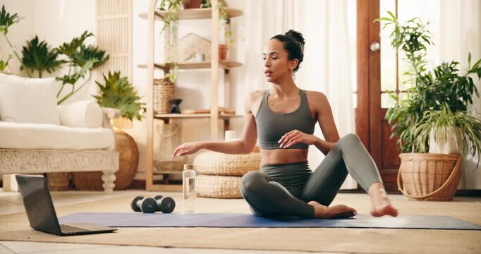 Fitness, break and woman with laptop in home, virtual workout class and video tutorial for streaming. Training pause, online exercise subscription or person with pc for routine, equipment or internet