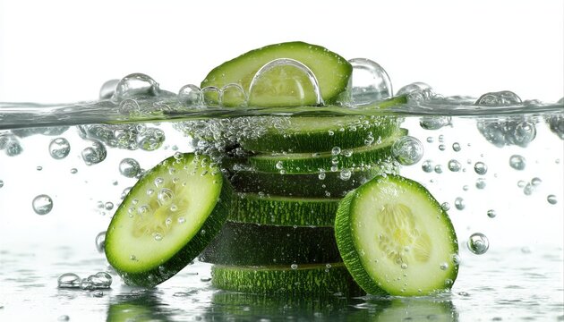 Rodajas de pepino sumergidas en agua cristalina, capturando un instante de frescura y vitalidad.