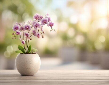 Una orqu&iacute;dea morada florece en una maceta de cer&aacute;mica sobre una mesa de madera, con un fondo difuminado de vegetaci&oacute;n.