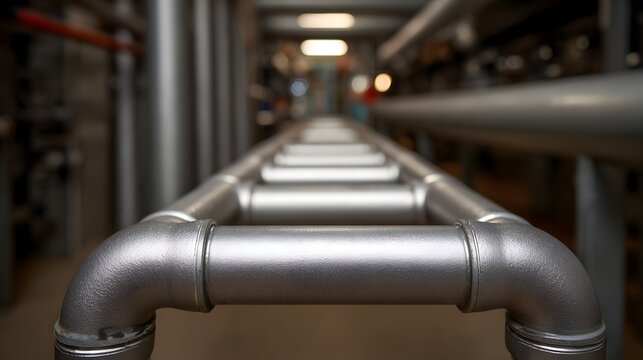 Polished metal pipes form an intricate network in a dimly lit industrial setting