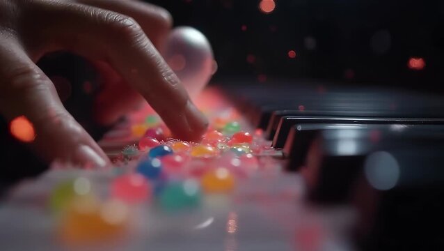 Artistic Hand Playing Colorful Jelly Beans on Piano Keys
