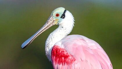A spoonbill bird with pink feathers and a long bill