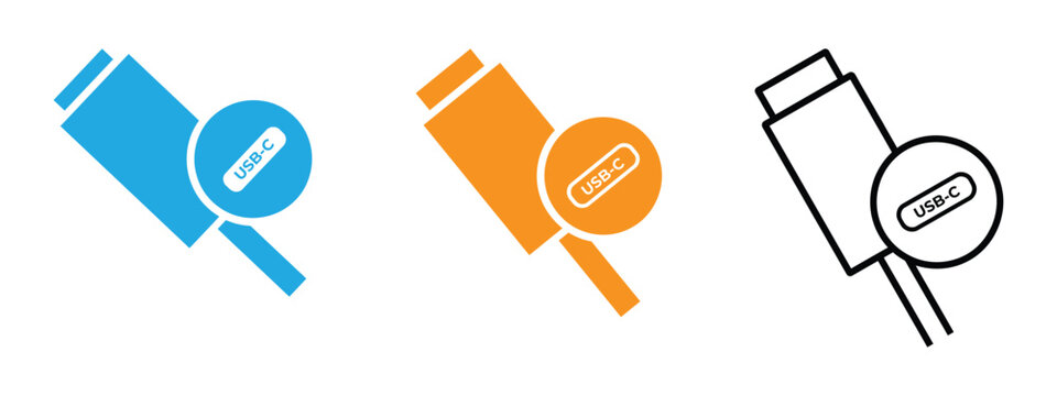 usb c cable icon. Usb cable silhouette icon on white illustration. Usb cable connector technology plug icon set, minimal vector symbols for electronic connection.
