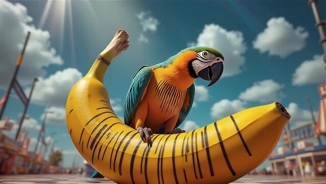 Colorful Macaw Parrot on a Bright Yellow Banana in a Vibrant Setting