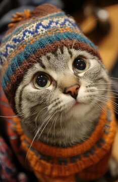 Un gato atigrado con un gorro y cuello alto de punto.