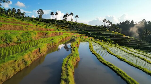 Verdant, tiered rice paddies reflect the bright blue sky, punctuated by palms